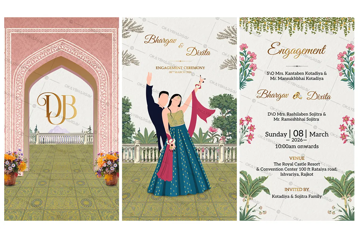 Flat Darbari Theme Engagement Invitation