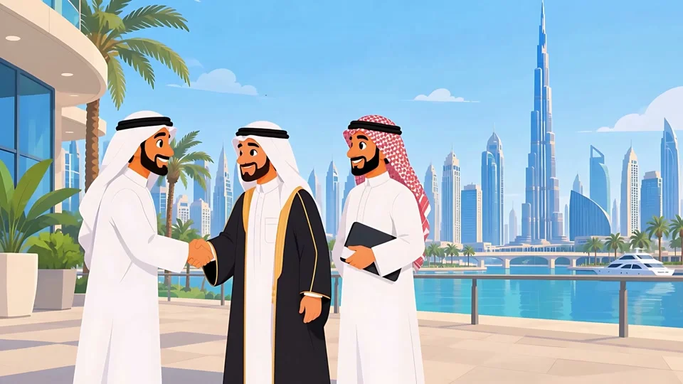 Animated Arab Businessmen Shaking Hands Dubai Skyline