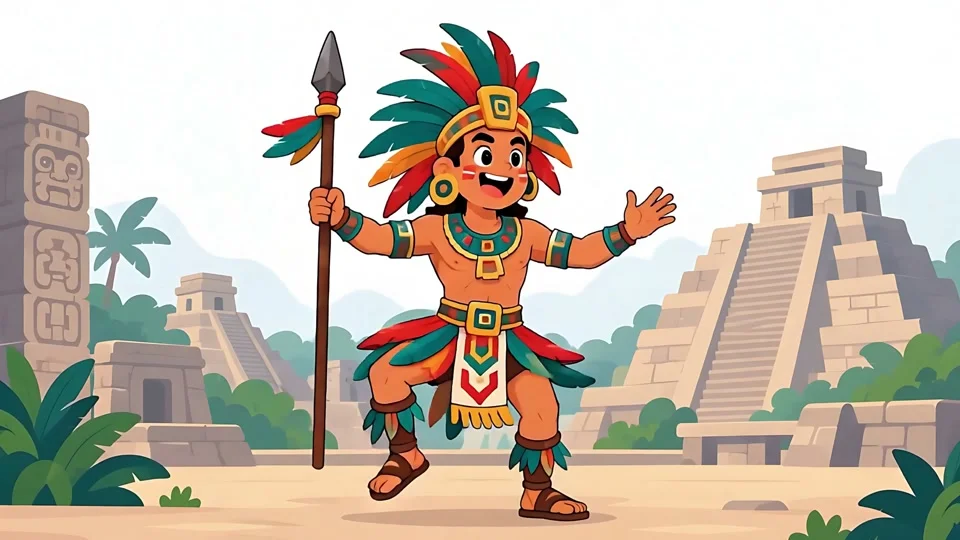 Animated Aztec Mayan Warrior Holding Spear Ancient Pyramid