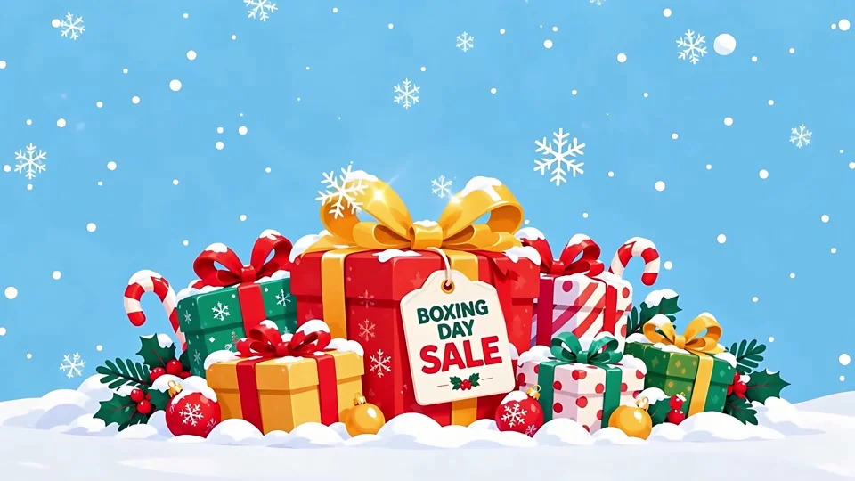 Animated Boxing Day Sale Gift Boxes Winter Banner