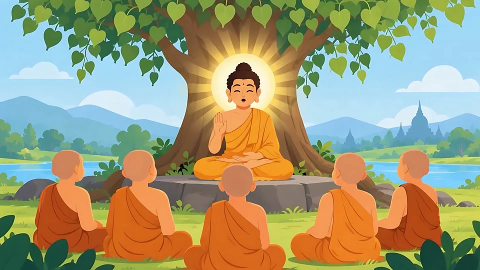 Animated Buddha Teaching Monks Under Bodhi Tree Spirituality