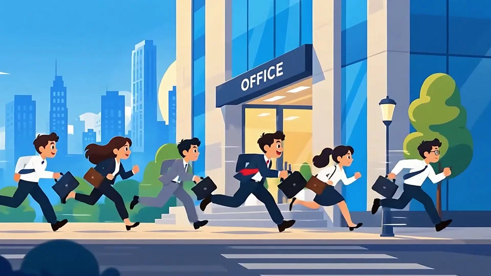 Animated Business People Running to Office Rushing to Work
