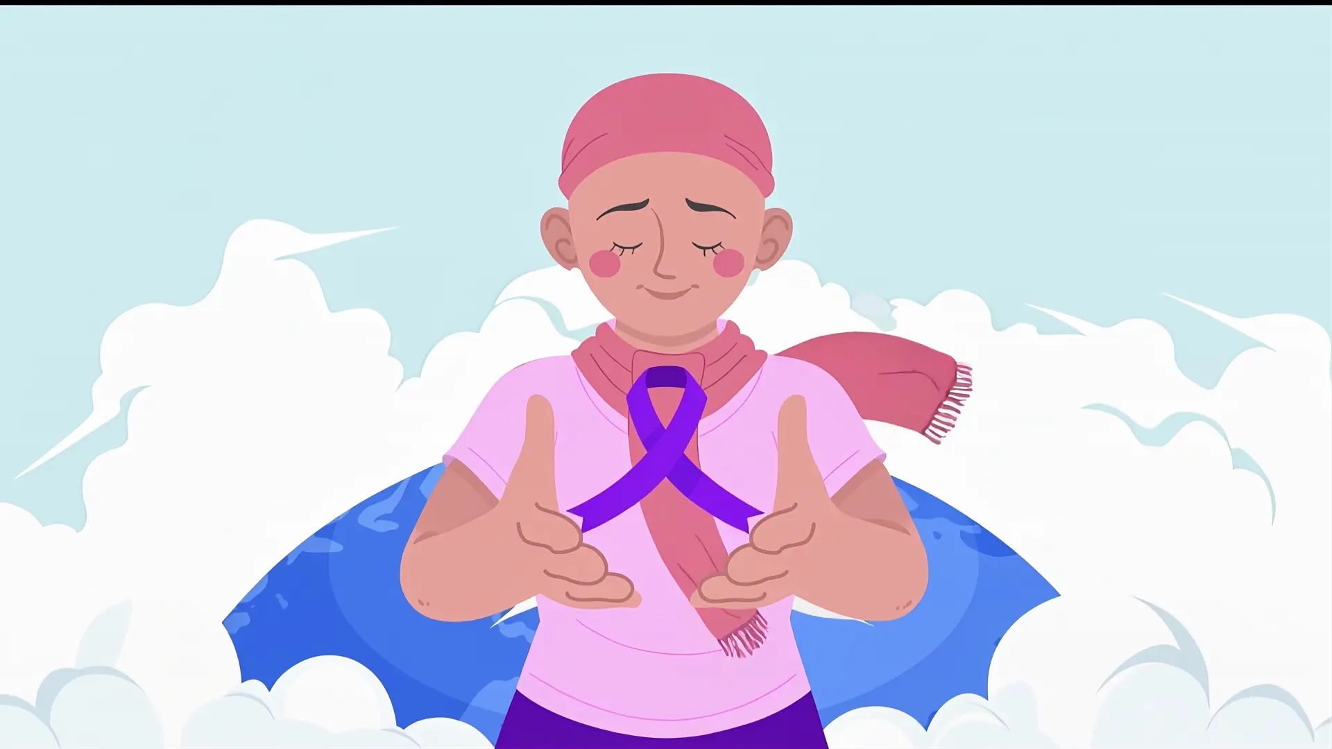 Animated Cancer Survivor Holding Purple Ribbon Global Awareness