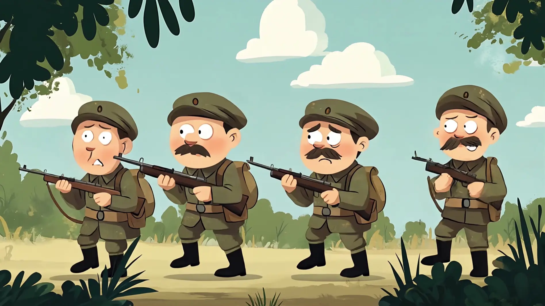 Animated Cartoon Soldiers With Rifles Marching In Field