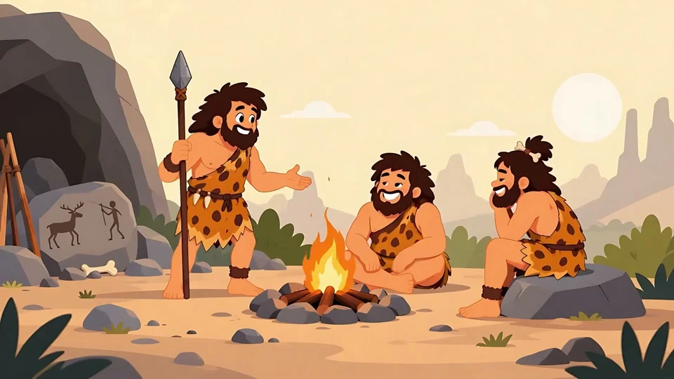 Animated Cavemen Sitting Around Campfire Prehistoric Banner