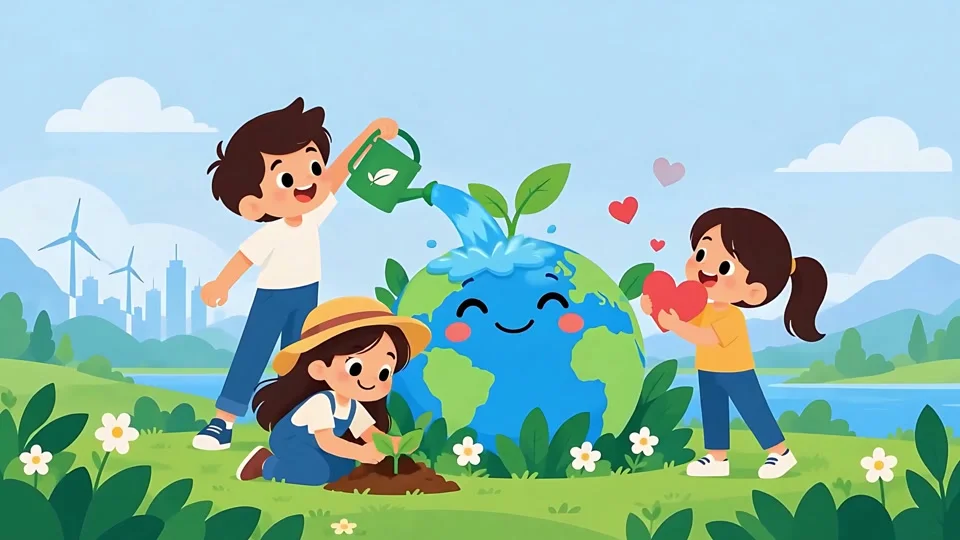 Animated Children Planting Tree Watering Happy Earth Environment