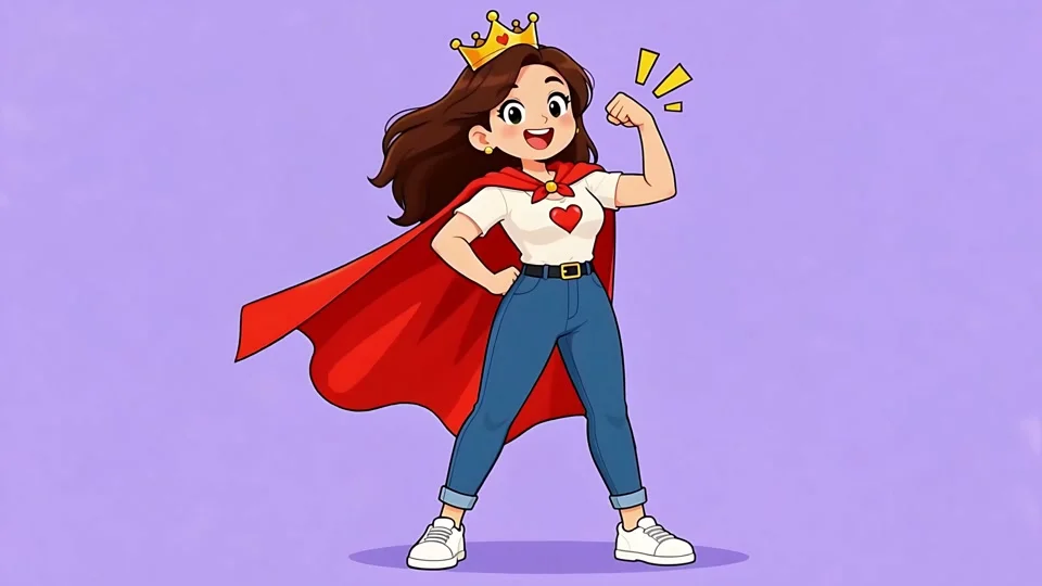 Animated Confident Woman Superhero Cape Crown Empowerment