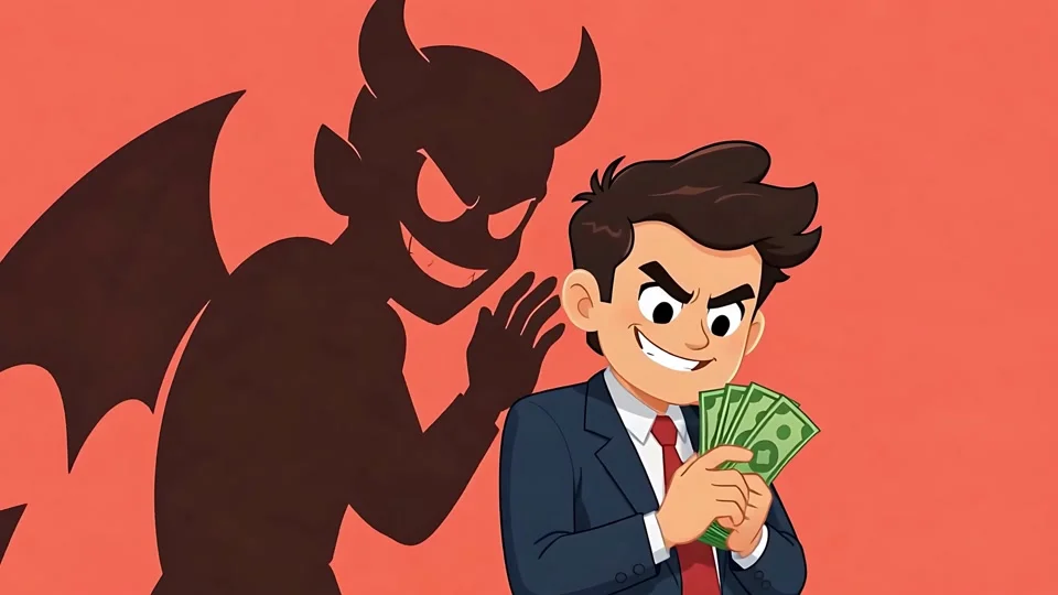 Animated Corrupt Businessman Holding Money Devil Shadow Greed