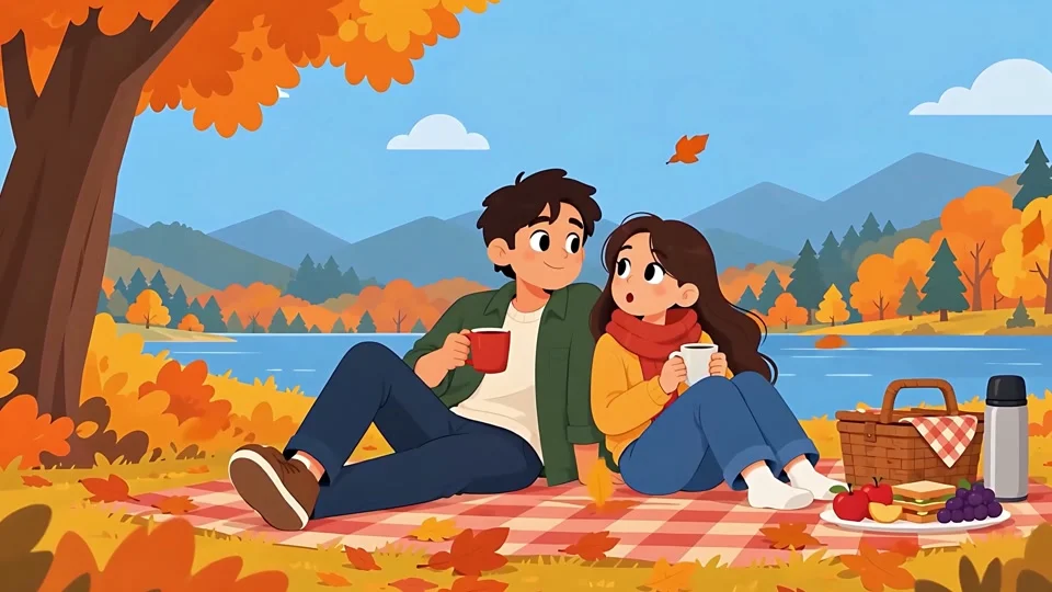 Animated Couple Autumn Picnic Lake Banner