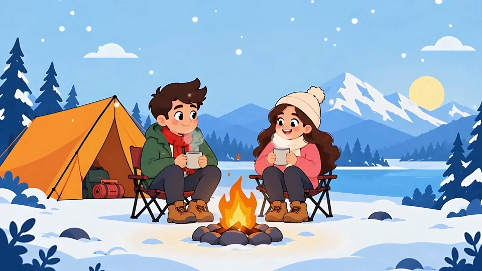Animated Couple Camping Winter Campfire Snow Mountains Banner