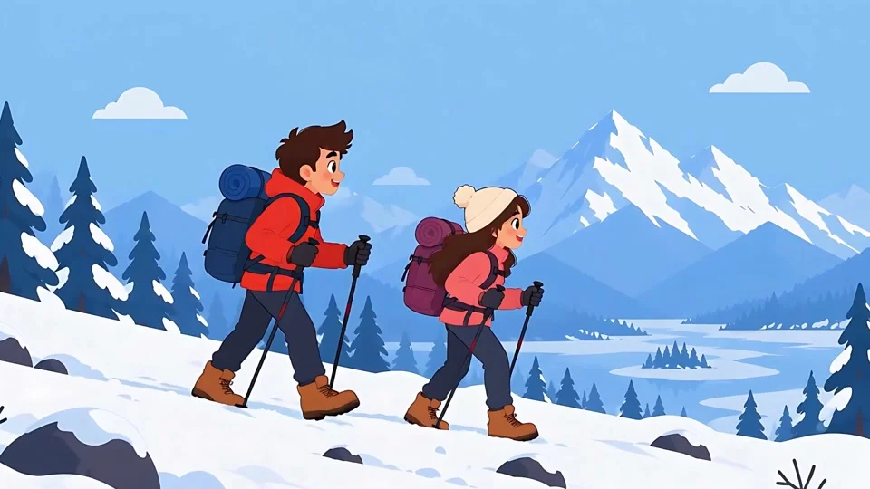Animated Couple Hiking Snowy Mountains Winter Banner