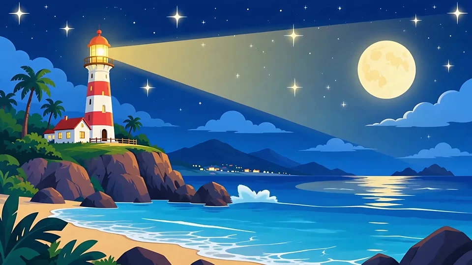 Animated Cozy Lighthouse Night Full Moon Ocean Seascape