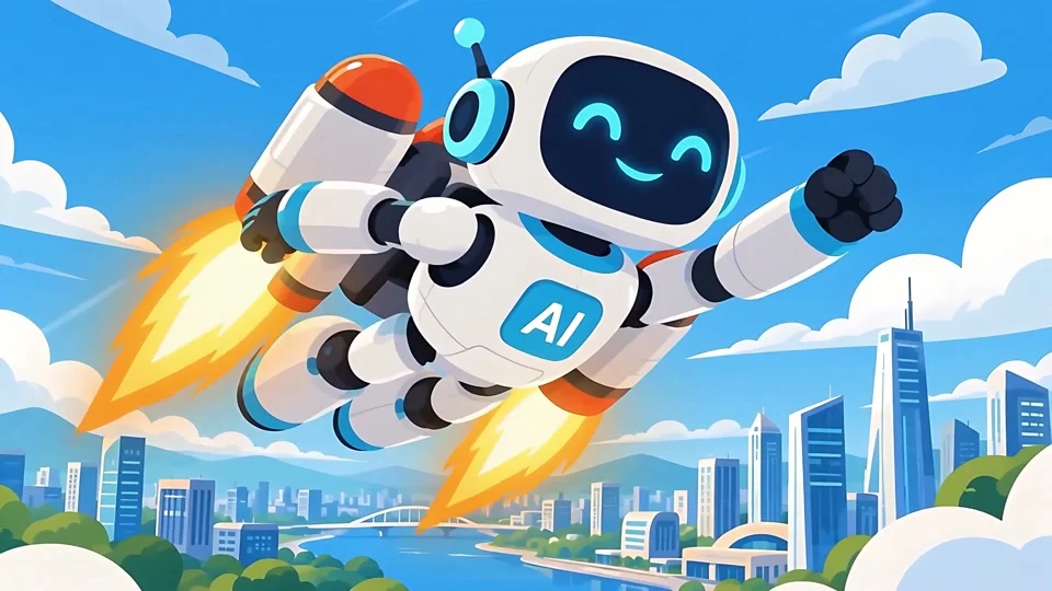 Animated Cute Ai Robot Flying Jetpack Futuristic City