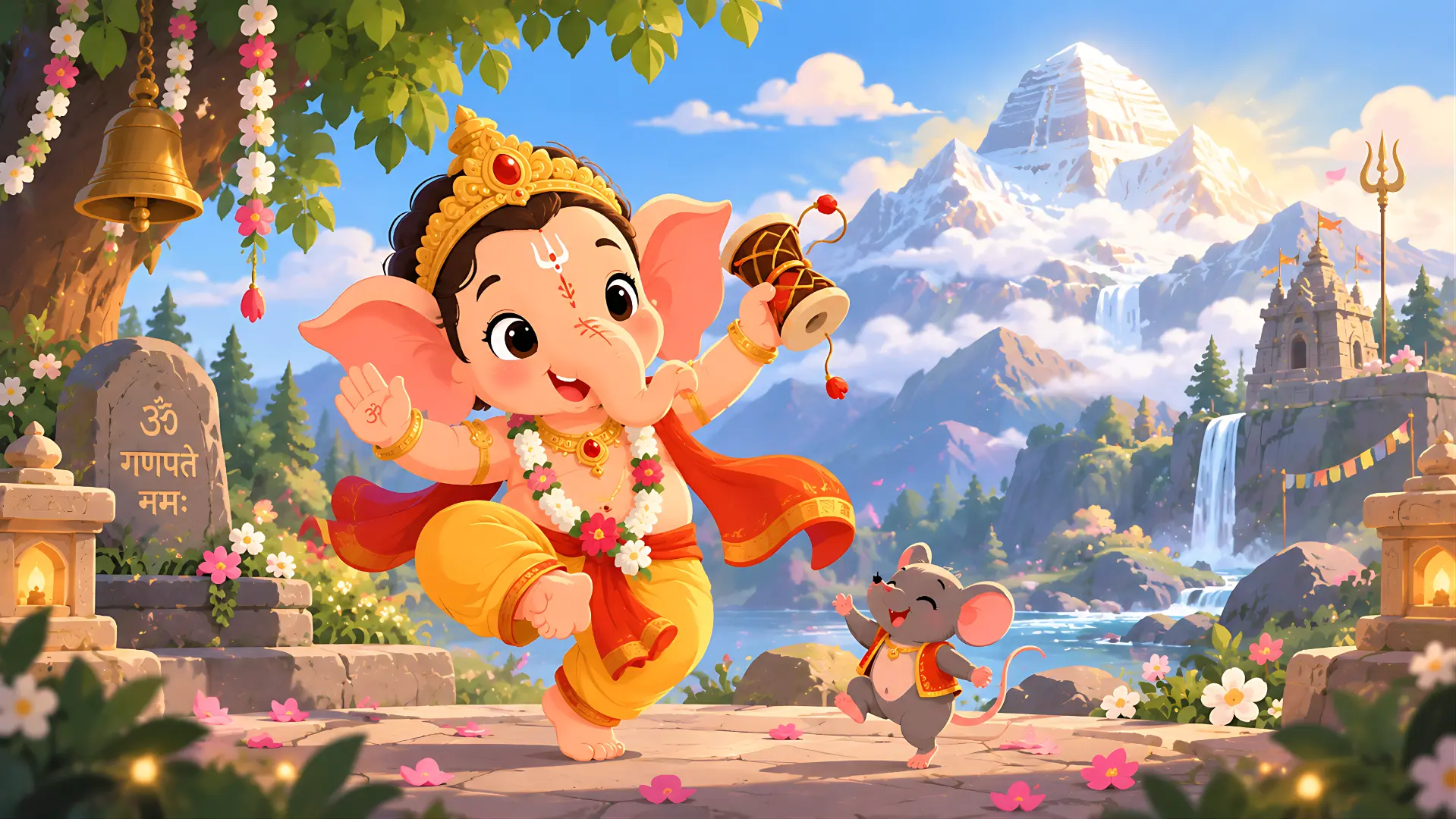 Animated Cute Baby Ganesha Dancing with Mouse Kailash Background