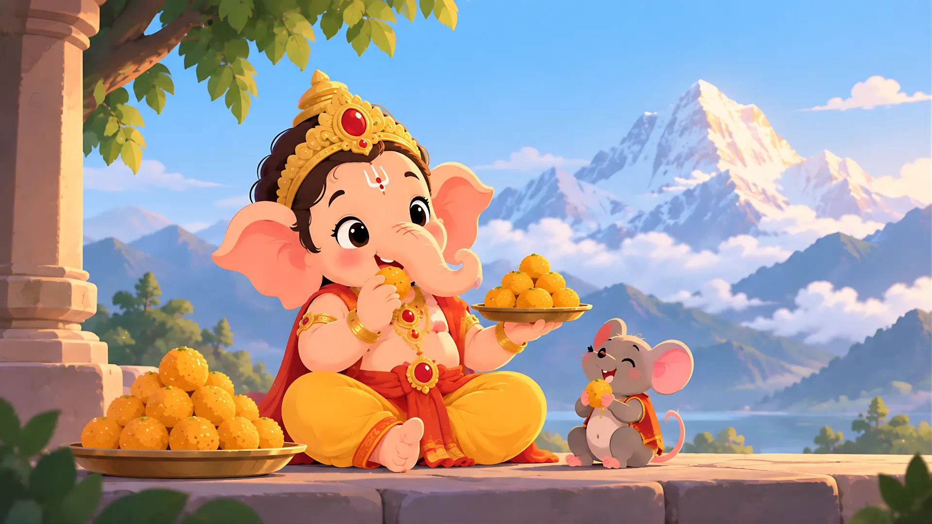 Animated Cute Baby Ganesha Eating Laddoo With Mouse Himalayas