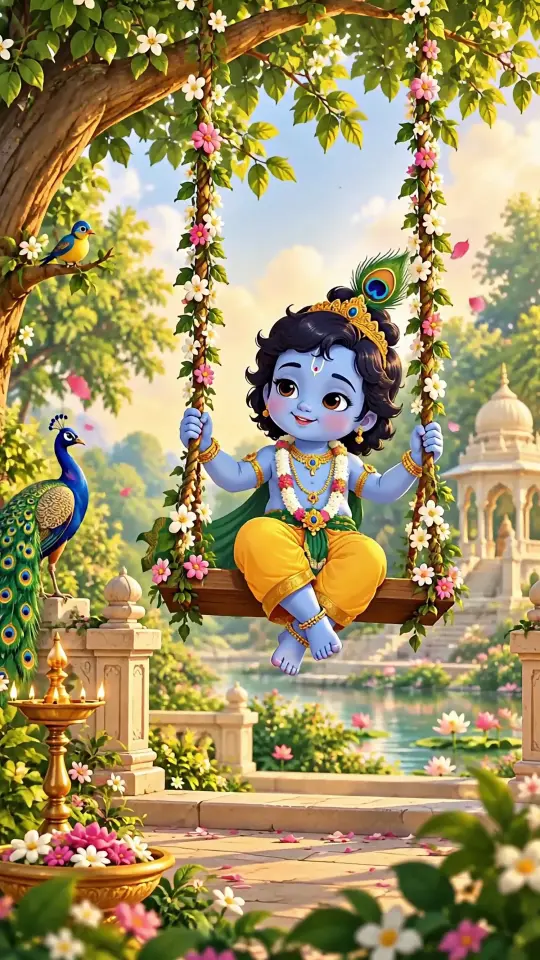 Animated Cute Baby Krishna On Flower Swing Vrindavan Garden