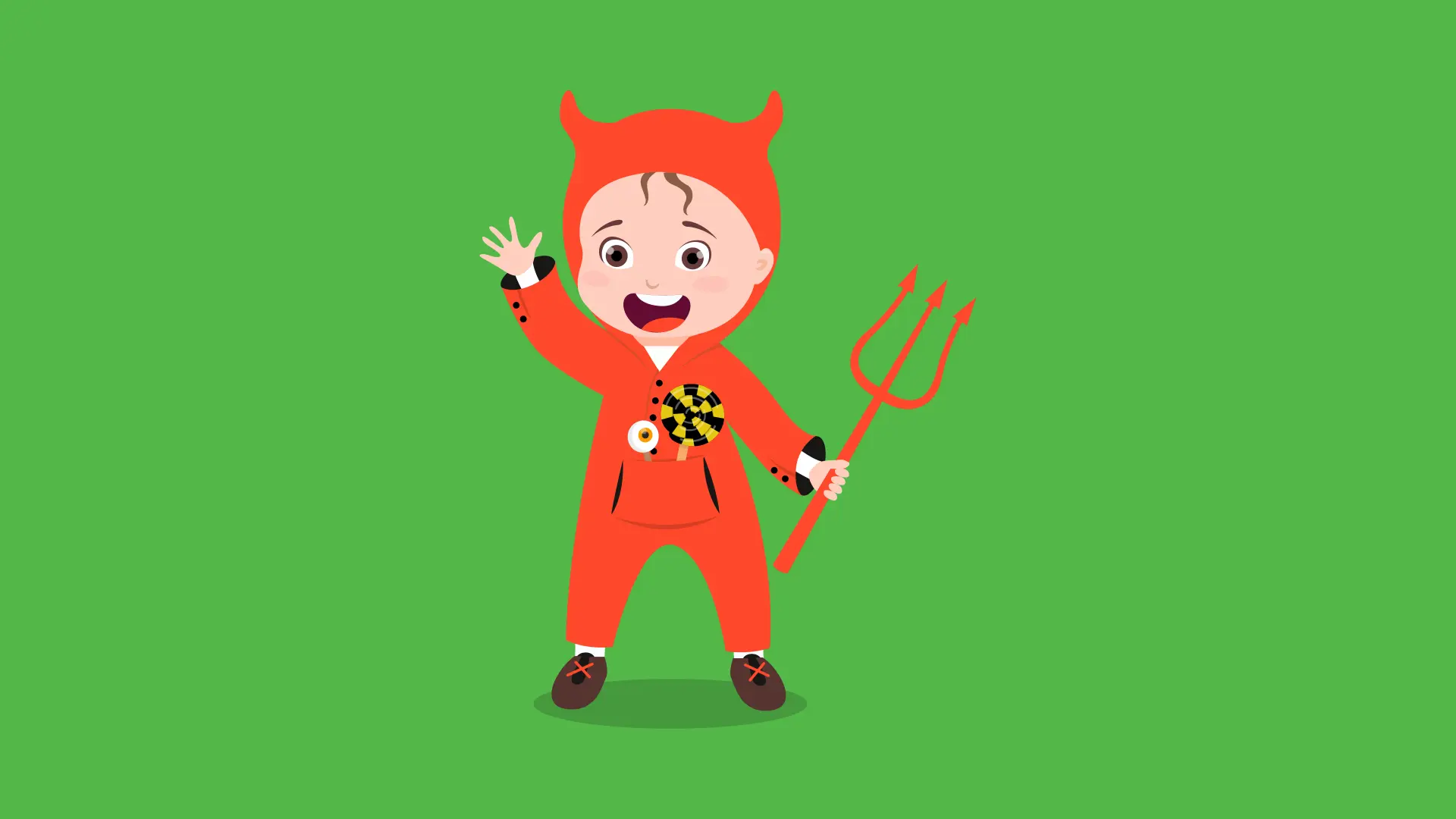 Animated Cute Boy In Devil Costume Waving Green Screen Halloween