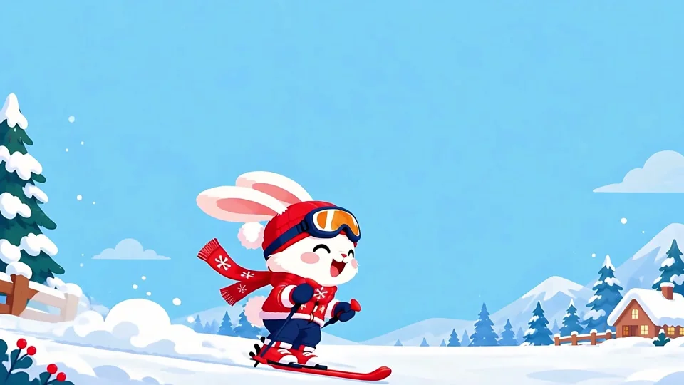 Animated Cute Bunny Skiing Snow Winter Sports Banner