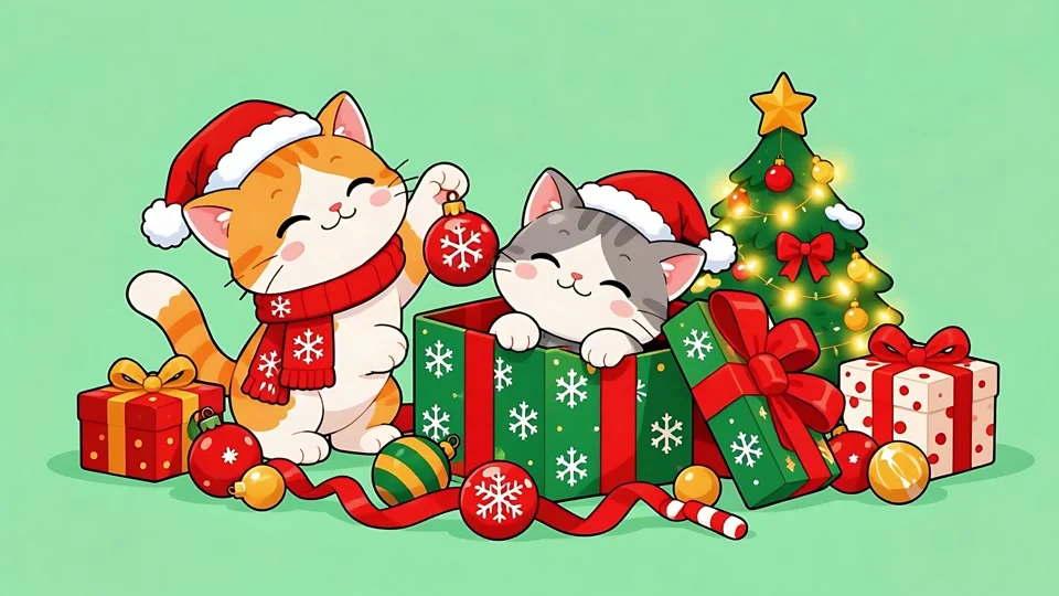 Animated Cute Cats Christmas Tree Gifts Banner