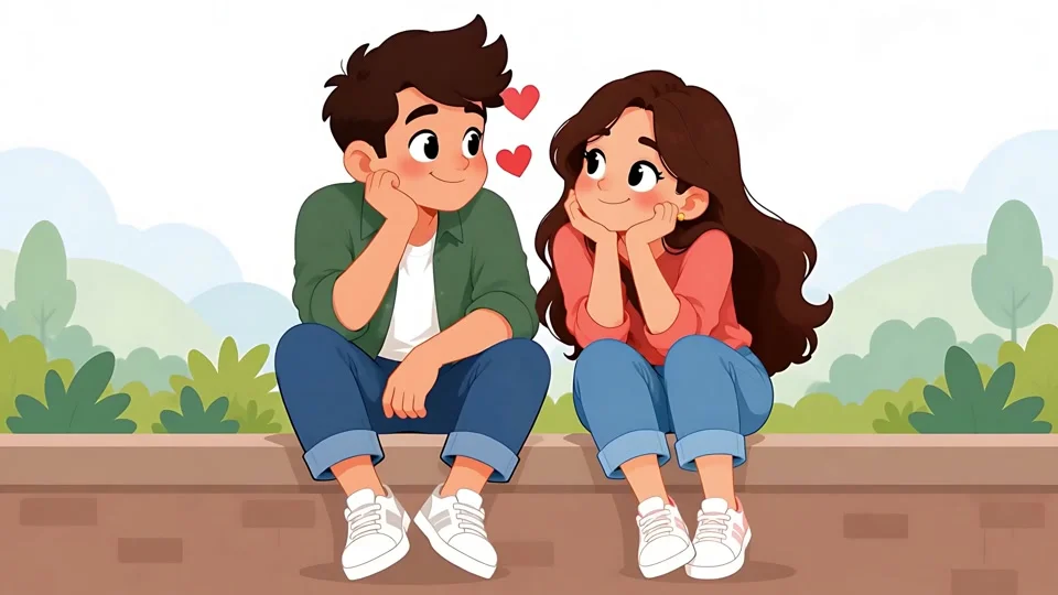 Animated Cute Couple Sitting Together Wall Romance Love