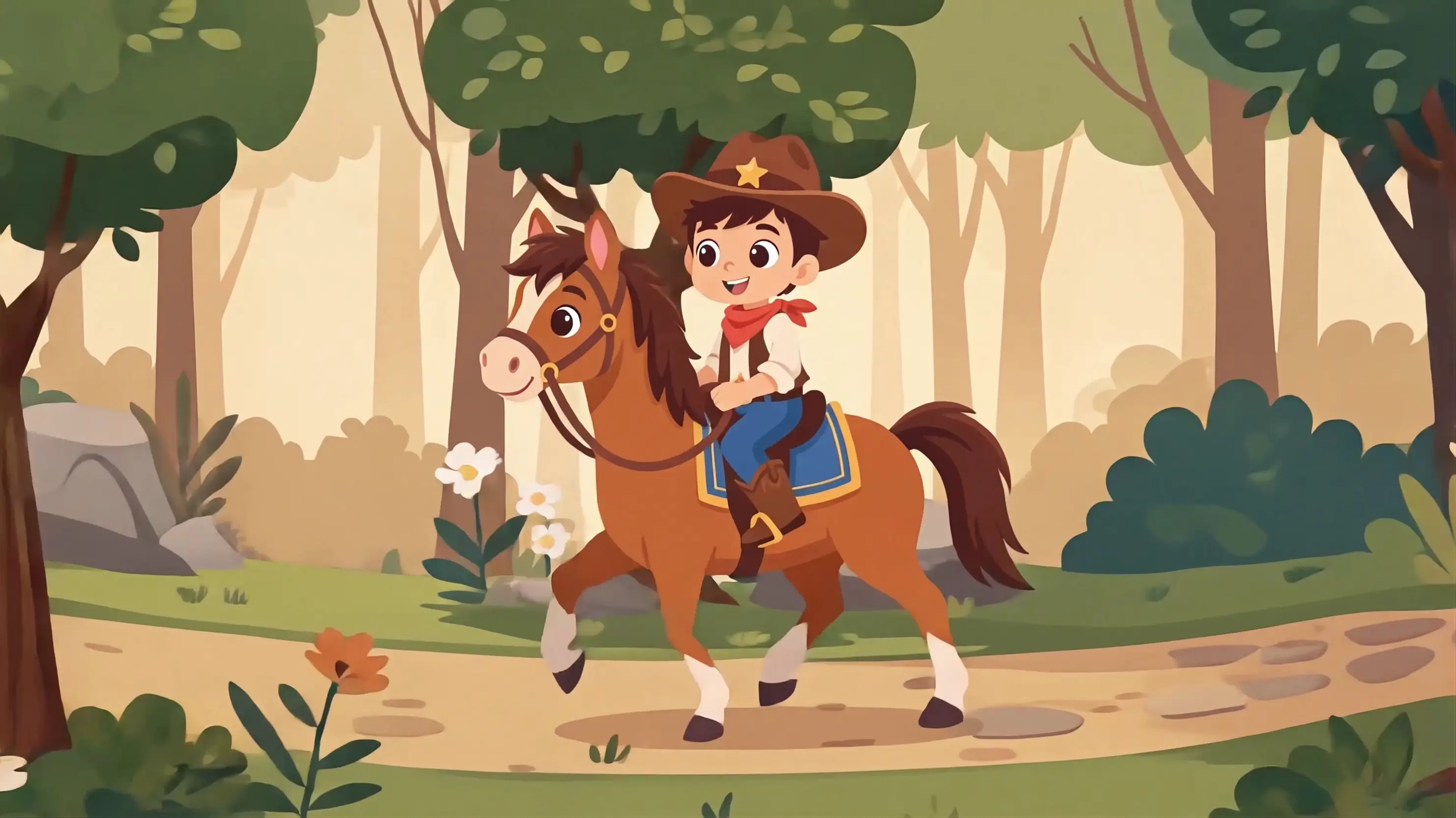 Animated Cute Cowboy Boy Riding Horse In Forest