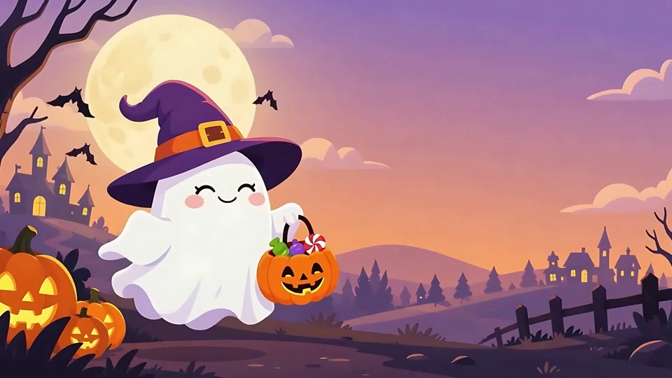 Animated Cute Ghost Trick or Treat Halloween Banner