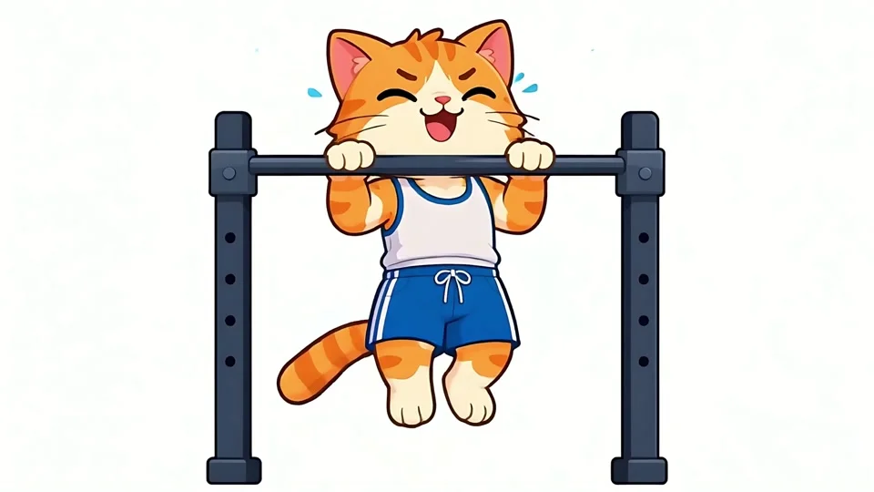 Animated Cute Orange Cat Doing Pull Ups Gym Workout