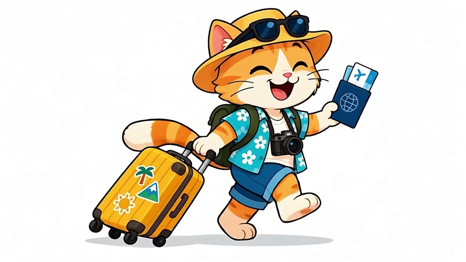 Animated Cute Orange Cat Tourist Traveling with Suitcase Passport