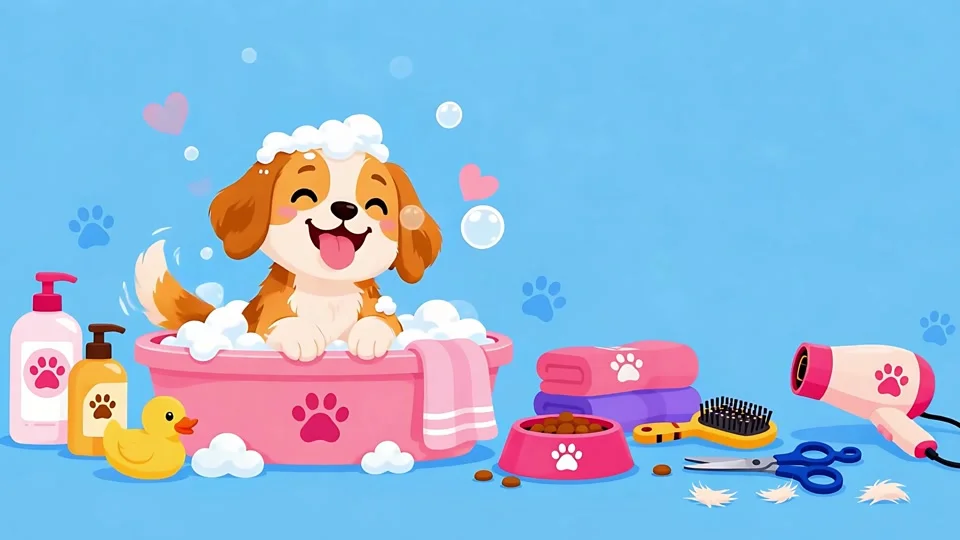 Animated Cute Puppy Bath Grooming Salon Banner