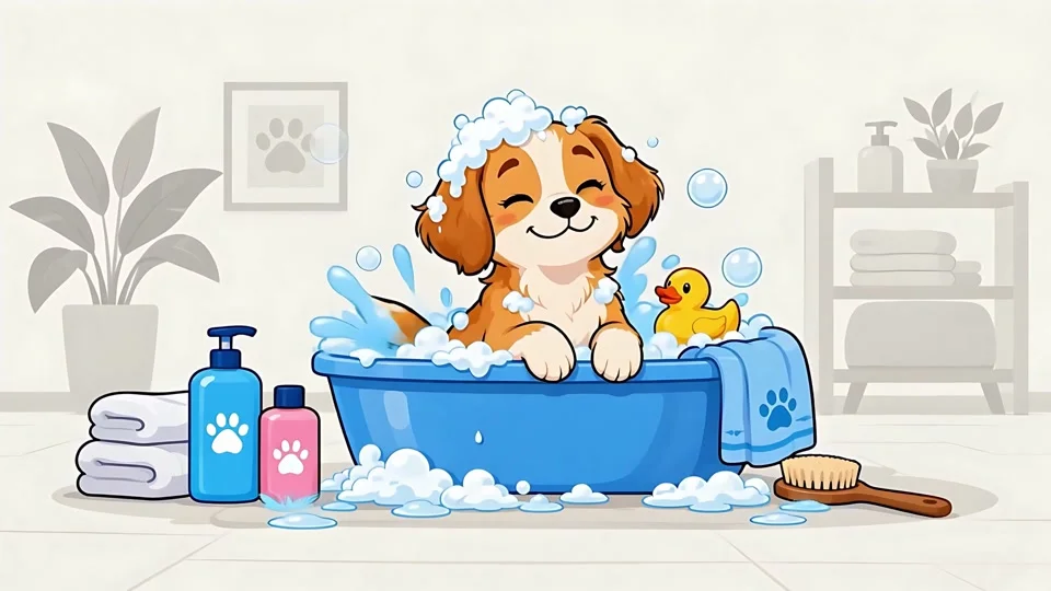 Animated Cute Puppy Taking Bath Dog Grooming Bubbles