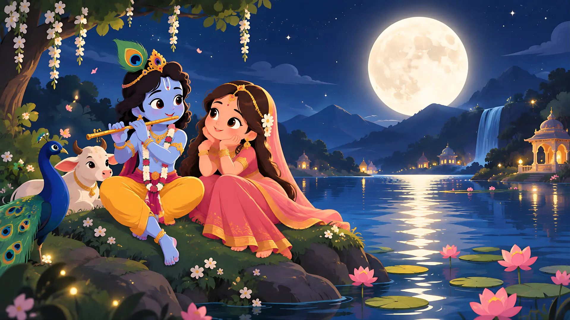 Animated Cute Radha Krishna Playing Flute Full Moon Night