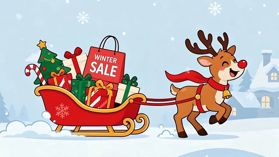 Animated Cute Reindeer Pulling Sleigh Winter Sale Gifts