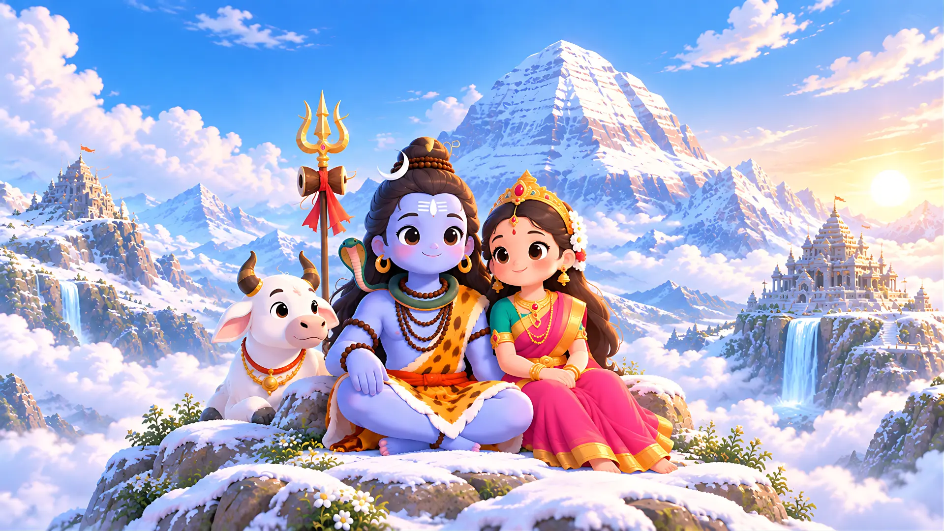 Animated Cute Shiva and Parvati with Nandi on Mount Kailash