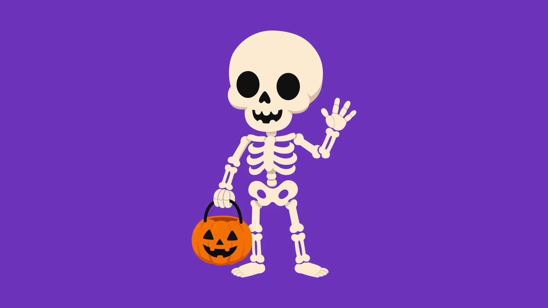 Animated Cute Skeleton Waving with Pumpkin Bucket Purple Background