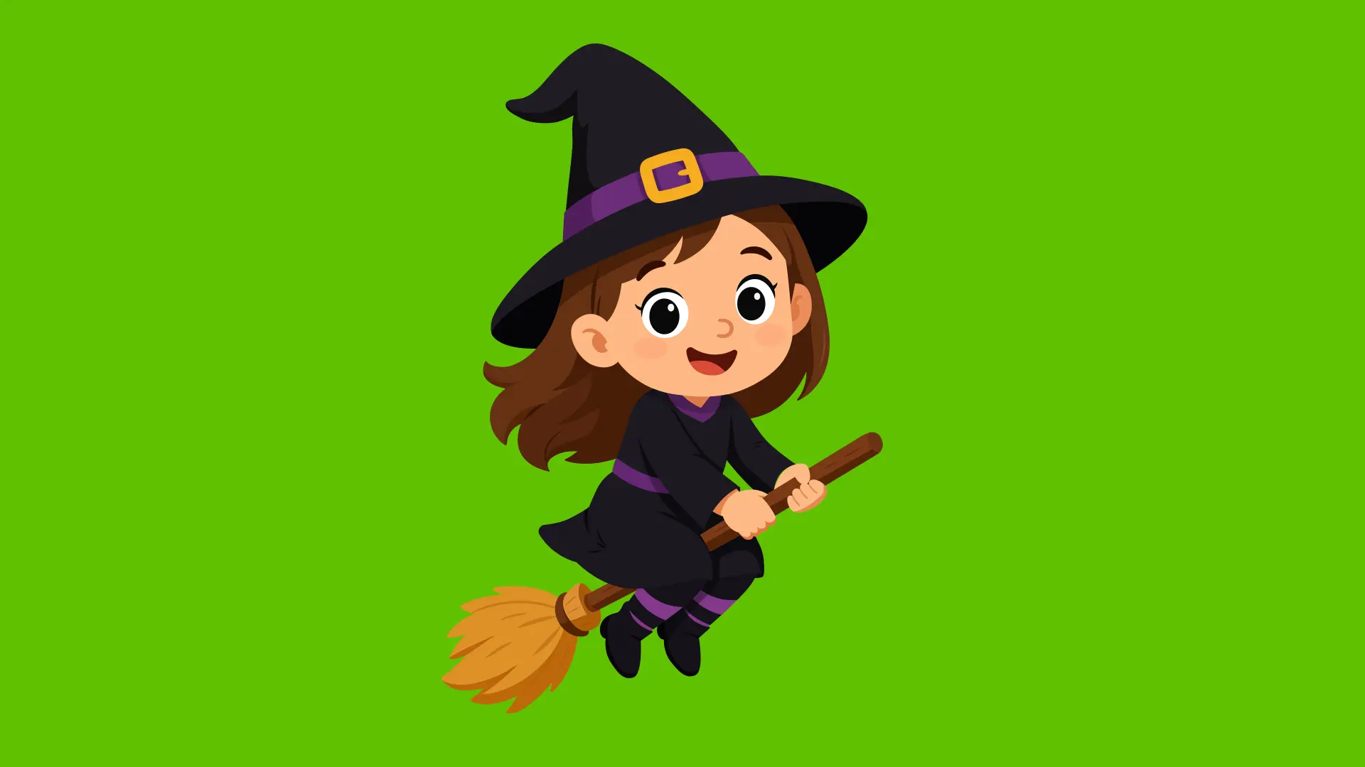 Animated Cute Witch Flying on Broomstick Green Screen Halloween