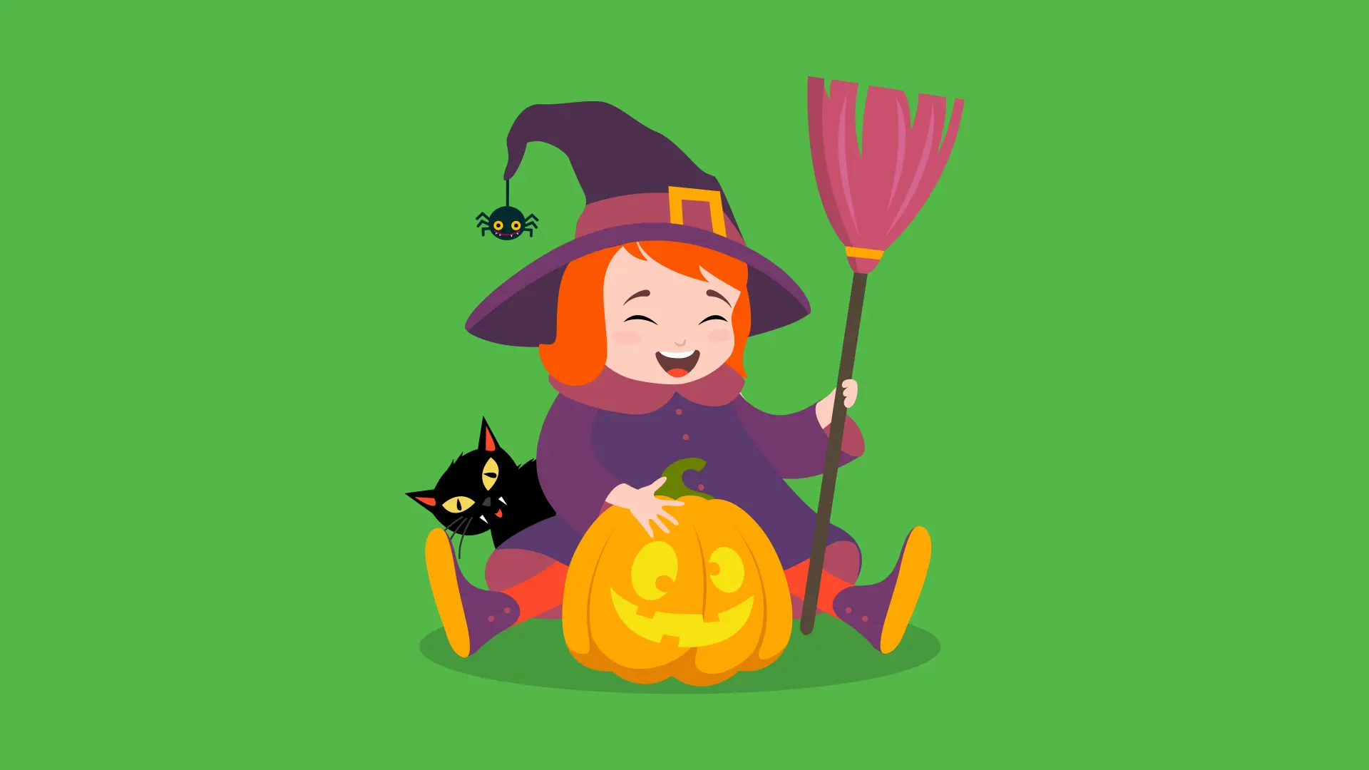 Animated Cute Witch Girl with Pumpkin and Black Cat Green Screen Halloween