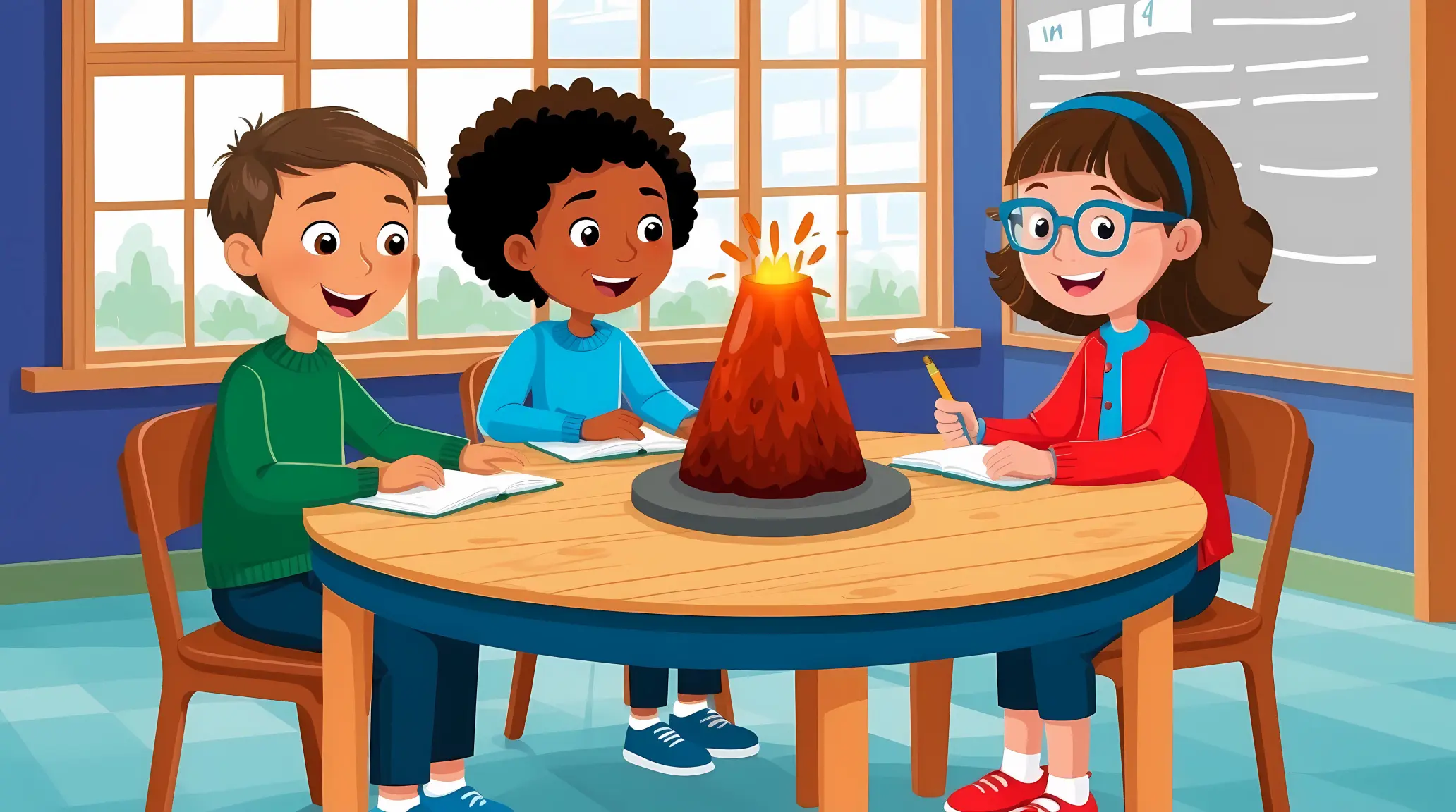 Animated Diverse Students Science Experiment Volcano Classroom