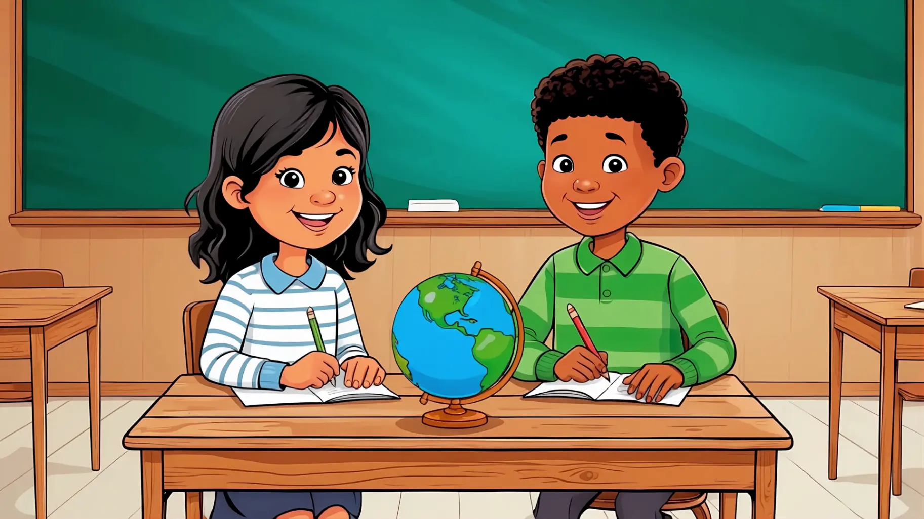 Animated Diverse Students Studying Geography With Globe Classroom