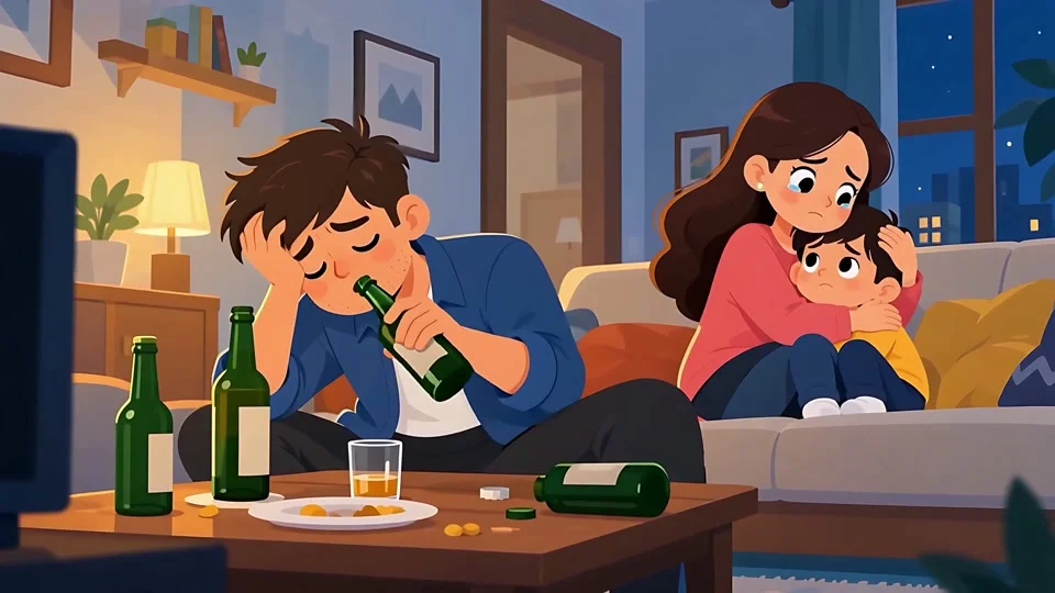 Animated Drunk Father Alcoholism Scared Family Domestic Issue
