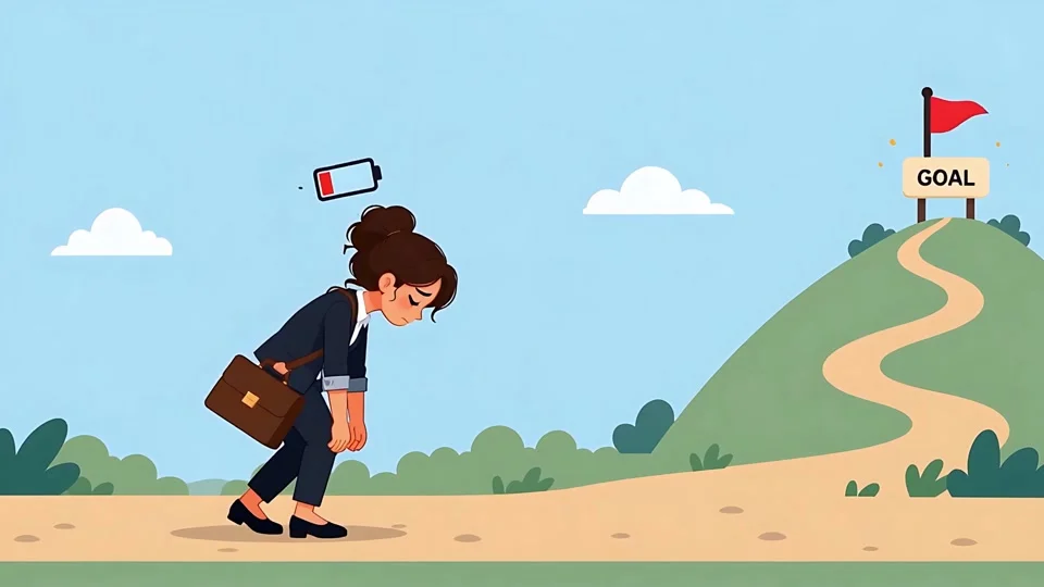 Animated Exhausted Businesswoman Low Battery Goal Burnout
