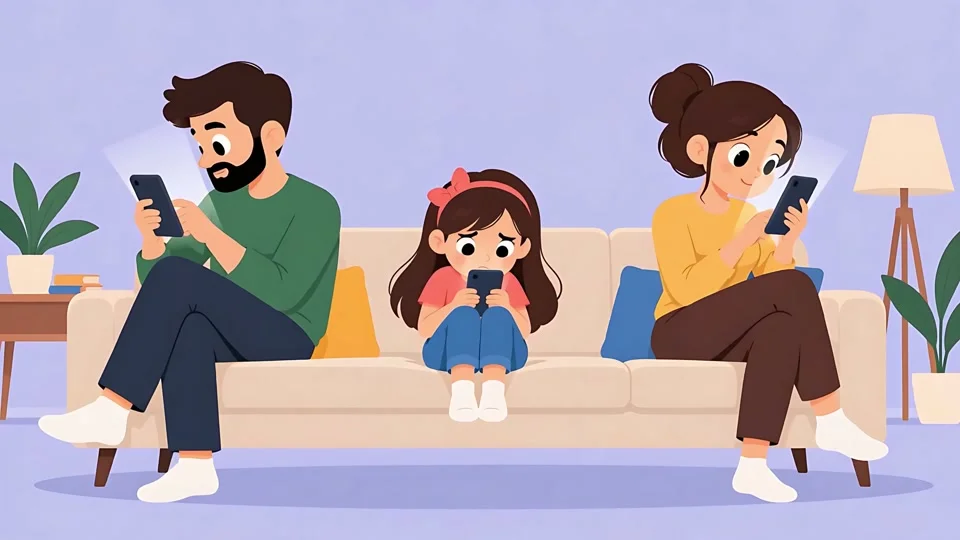 Animated Family Addicted to Smartphones Ignoring Each Other Couch