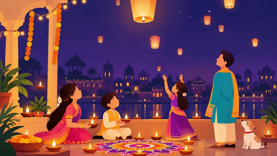 Animated Family Celebrating Diwali with Sky Lanterns and Fireworks