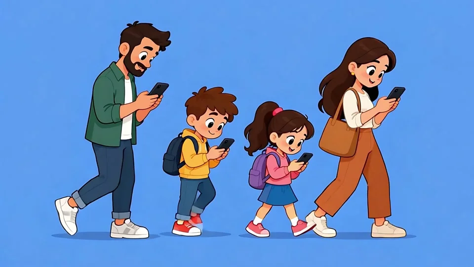 Animated Family Walking Using Smartphones Addiction Concept