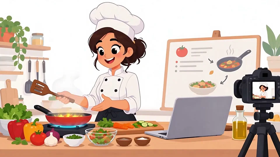 Animated Female Chef Recording Online Cooking Class Vlog