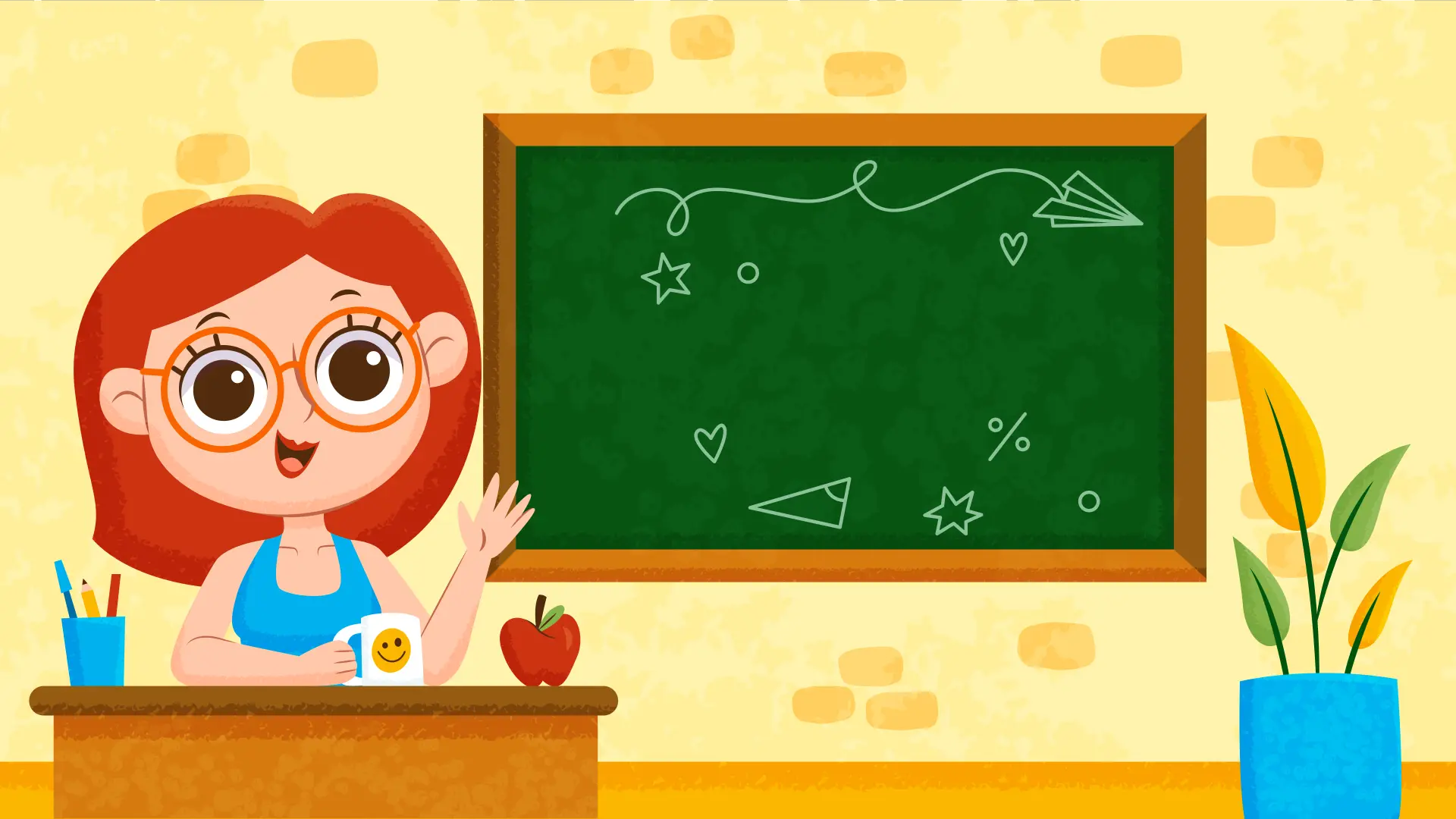 Animated Female Teacher in Classroom with Green Chalkboard
