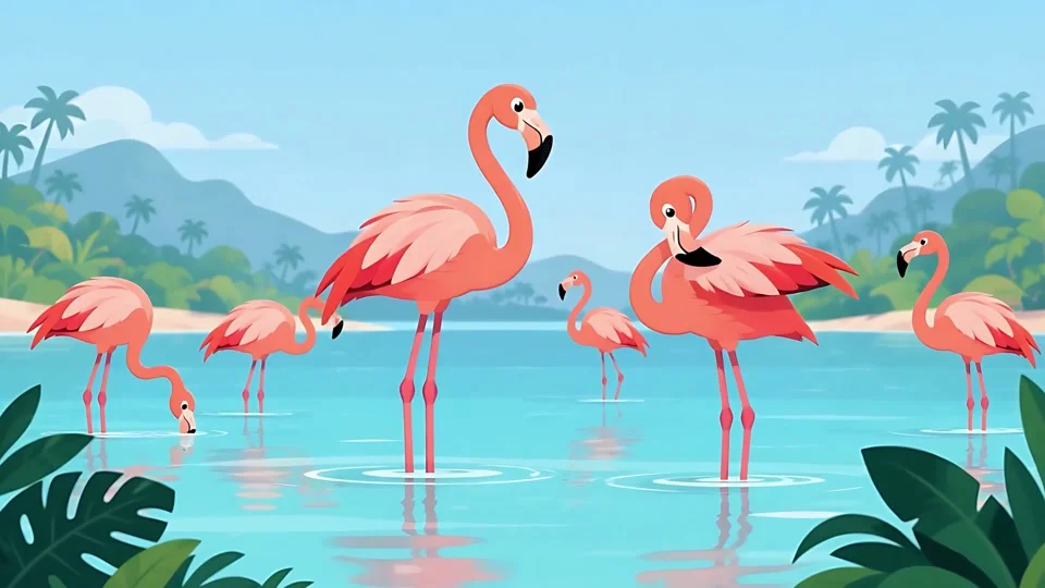 Animated Flock of Pink Flamingos Wading Tropical Water Nature
