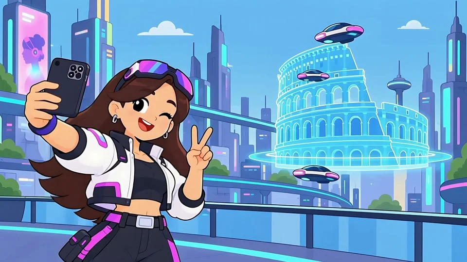 Animated Futuristic Woman Selfie Hologram Colosseum Cyberpunk City