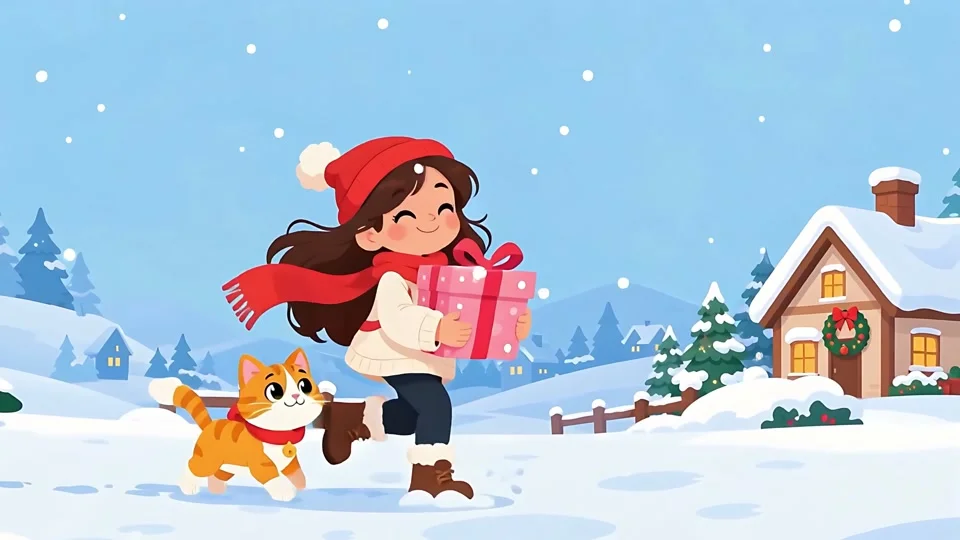 Animated Girl Carrying Gift Box Cat Snowy Christmas Banner
