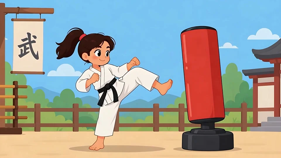 Animated Girl Karate Kick Punching Bag Banner