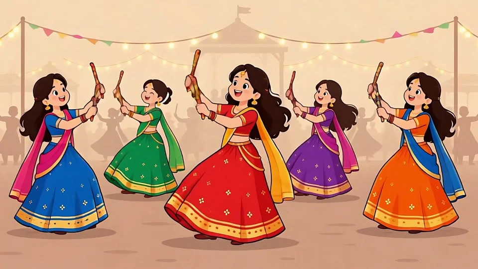 Animated Girls Playing Garba Navratri Dance Festival